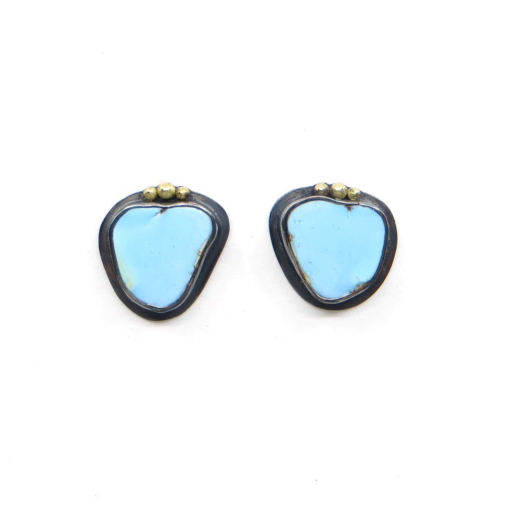 Golden Hill turquoise stud earrings. 3 18k royal yellow gold balls on top of each. Oxidized silver settings. Rounded triangular shape .6" x .6"  Sky-robin's egg blue.