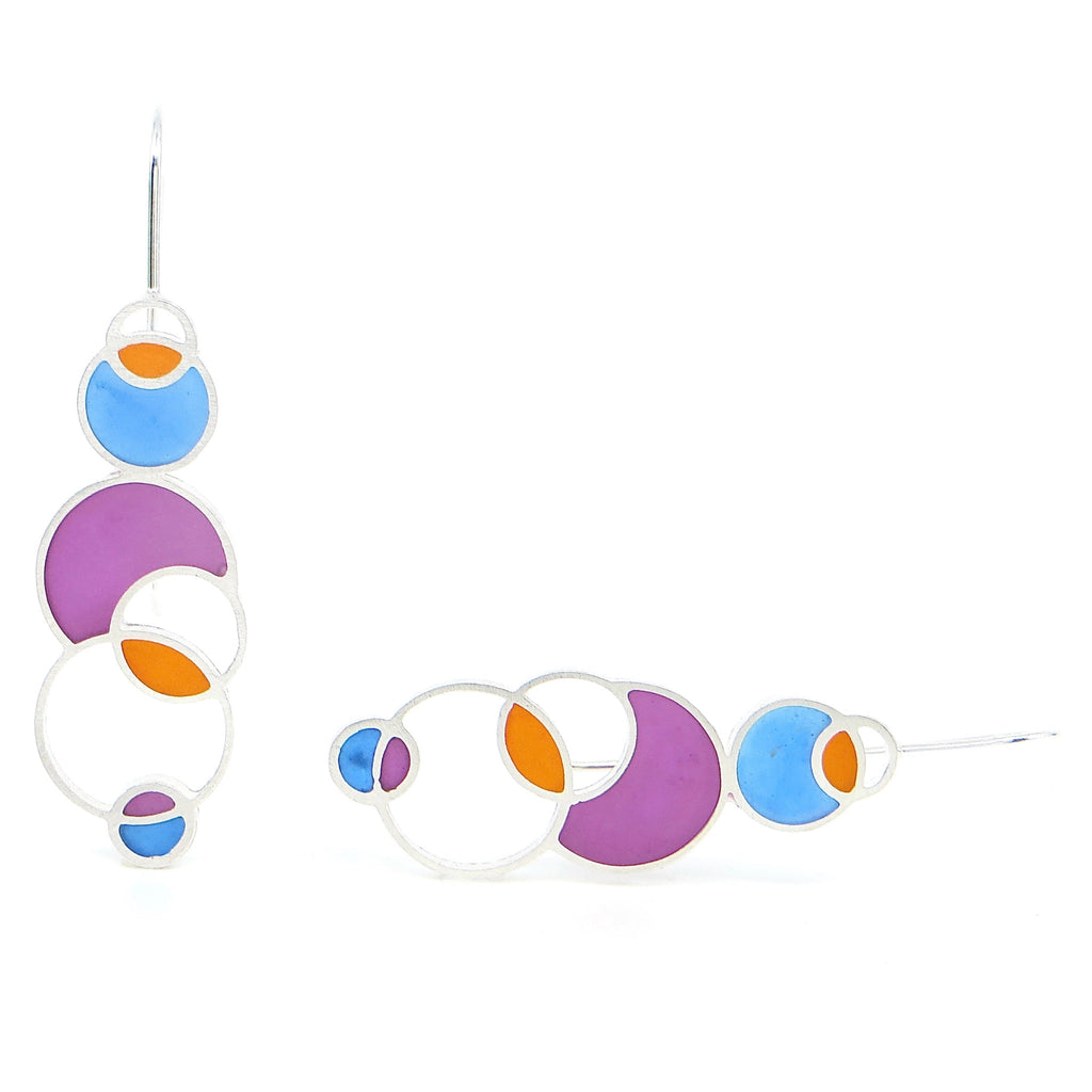 Sterling silver and pigmented resin inlay open circles earrings. Purple. Blue. Orange. Open Air. Contemporary.