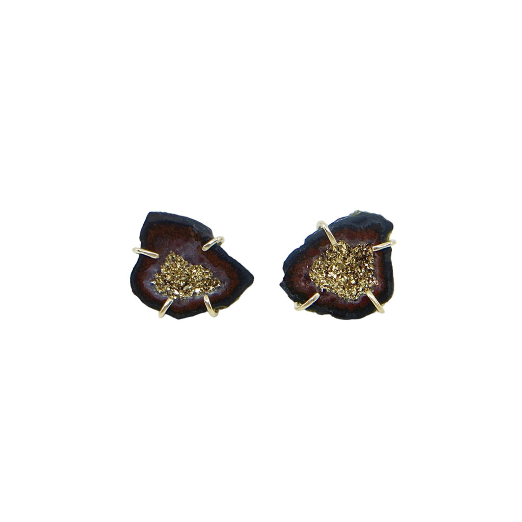 Mini split geode stud earrings. Black, grey, and red outlines to 18k gold coated interior crystals. 14k cage prong settings with 14k posts and ear nuts.