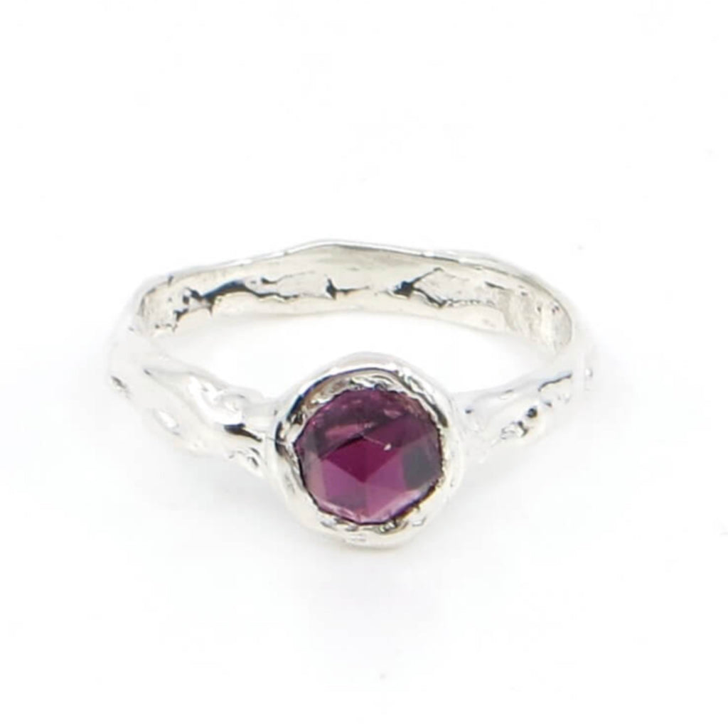 Rose cut rhodolite garnet ring. Organic soft patterned sterling silver band and setting. US Size 6.75