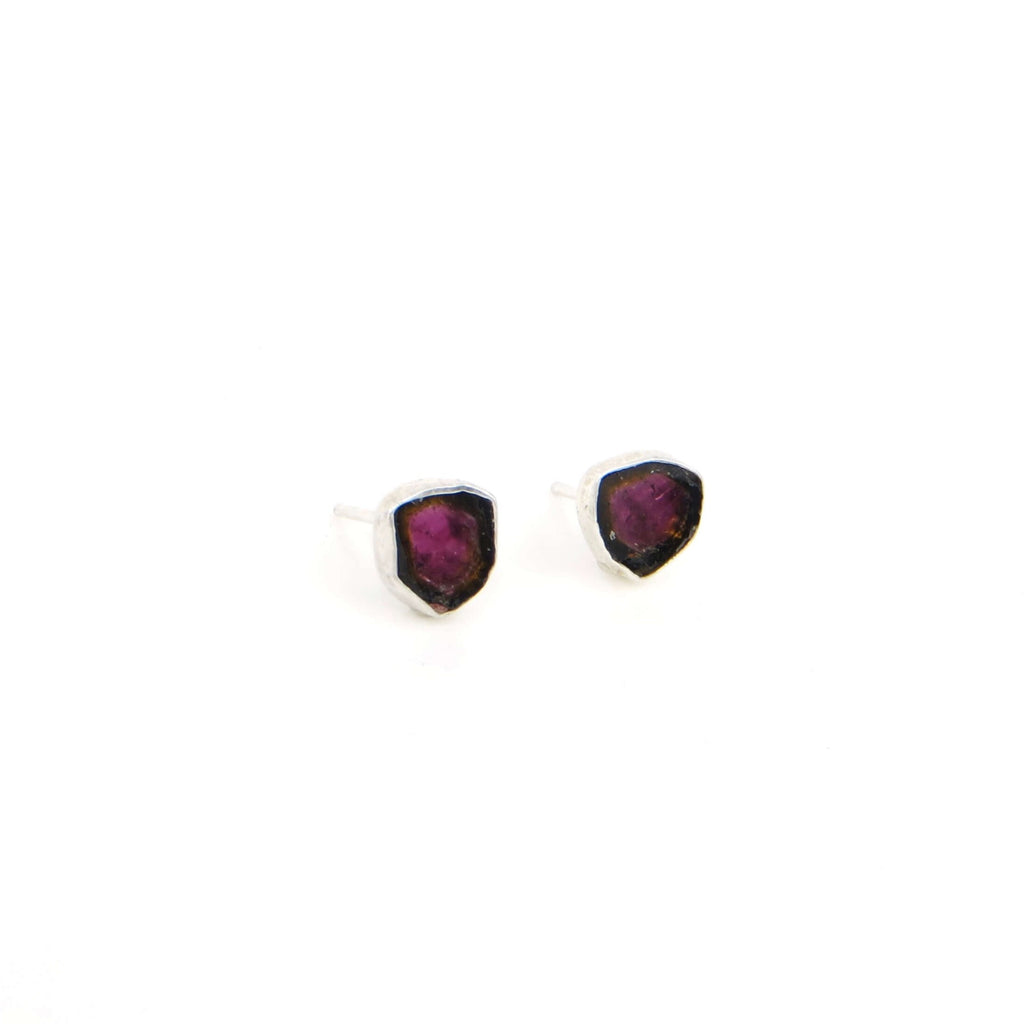 Tiny watermelon tourmaline earring studs set in fine and sterling silver. Shield shape. 8mm.