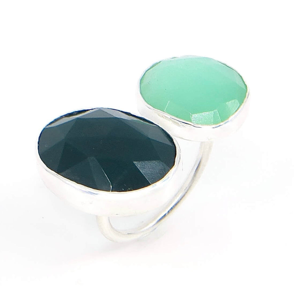 Open top green onyx and chrysoprase ring. 2 rose cut gemstones. Sterling silver and fine silver. US size 5.5 - 6.