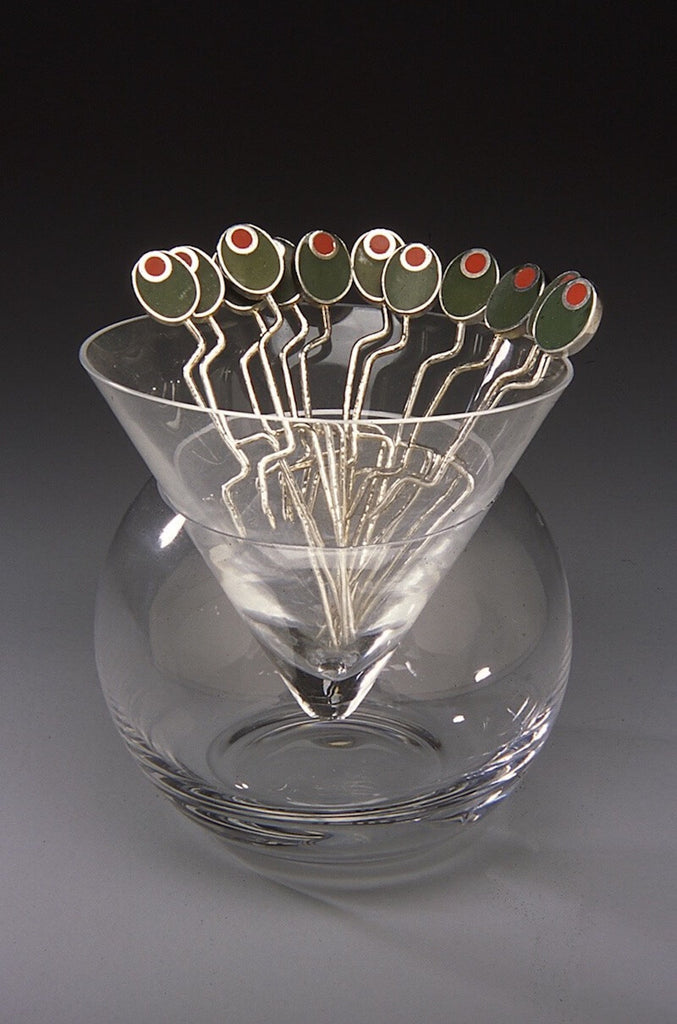 Sterling silver hammered martini drink picks with resin inlay in silver olive top.  Also can be used as olive server.