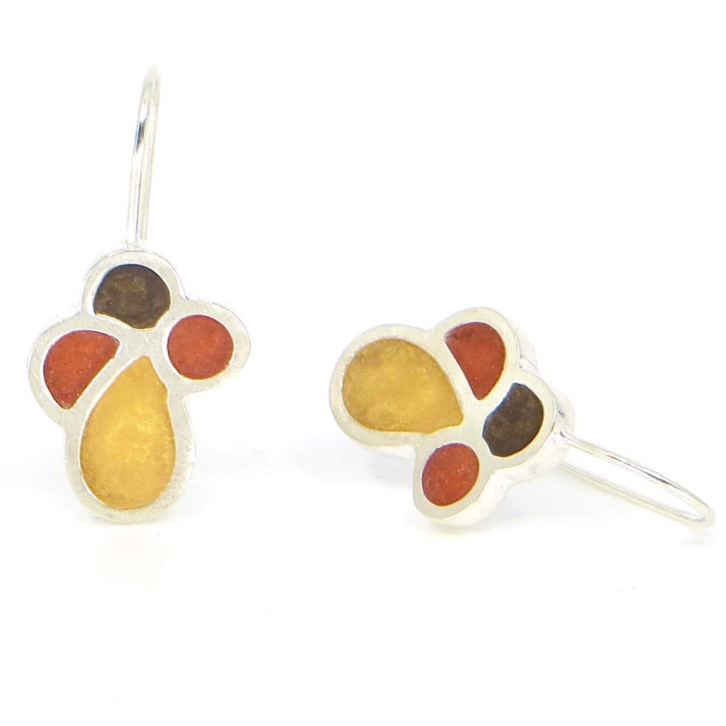 Chunky sterling silver and resin inlay flora vertical earrings.  Gold, rust, very dark olive green petals.