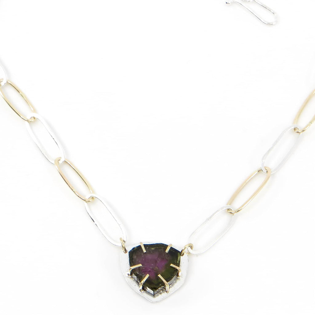 Watermelon tourmaline necklace silver gold oval link front op