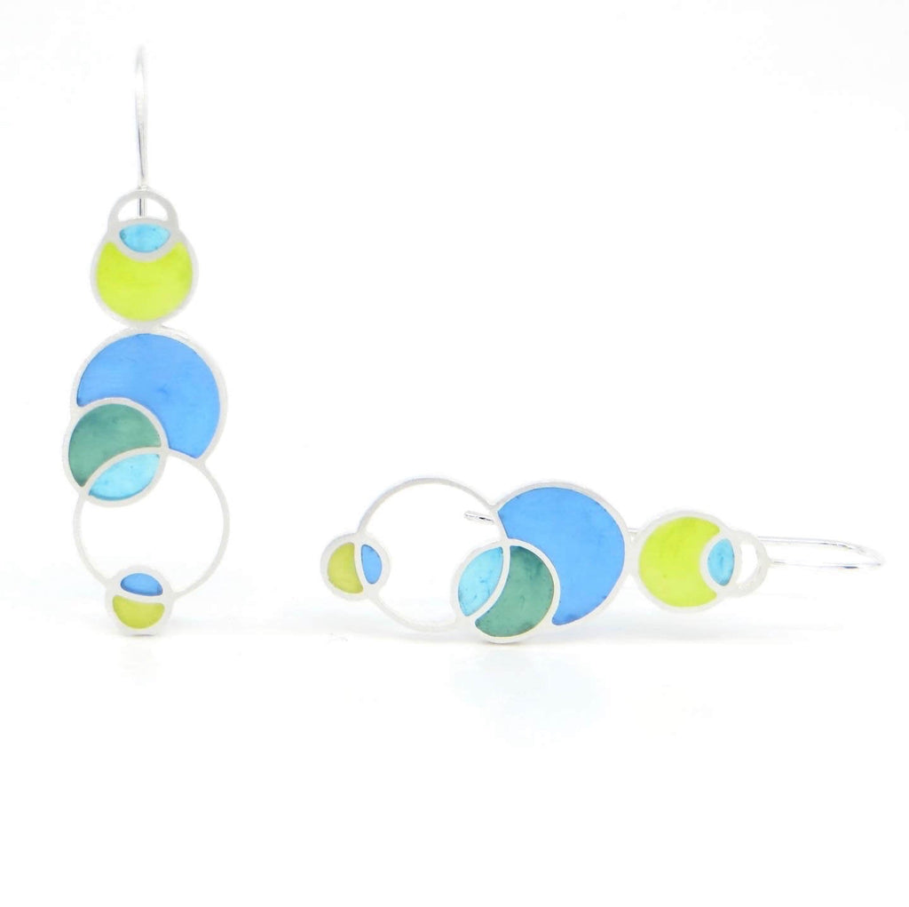 Sterling silver and pigmented resin inlay open circles earrings. Blue, turquoise, apple green, green.  Contemporary.