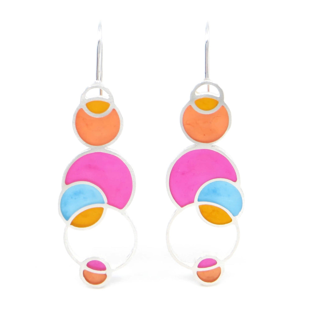 Sterling silver and pigmented resin inlay open circles earrings. Pink, Orange, Dark Orange, Turquoise. Contemporary.