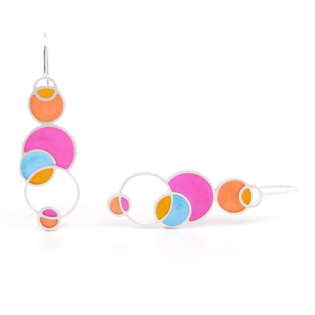 Sterling silver and pigmented resin inlay open circles earrings. Pink, Orange, Dark Orange, Turquoise.  Contemporary.