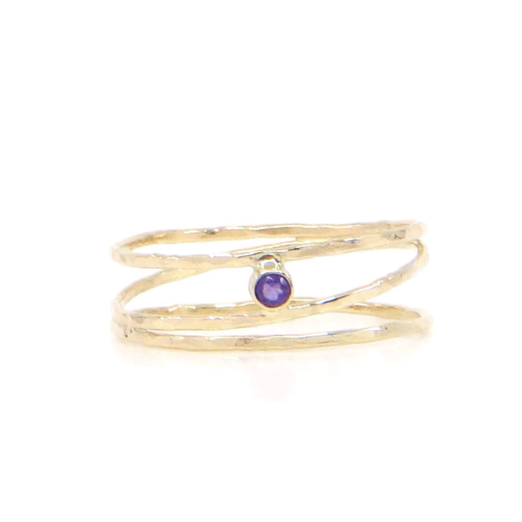 3 hammered 14k gold bands form one ring with a tube set amethyst. US size 7.5