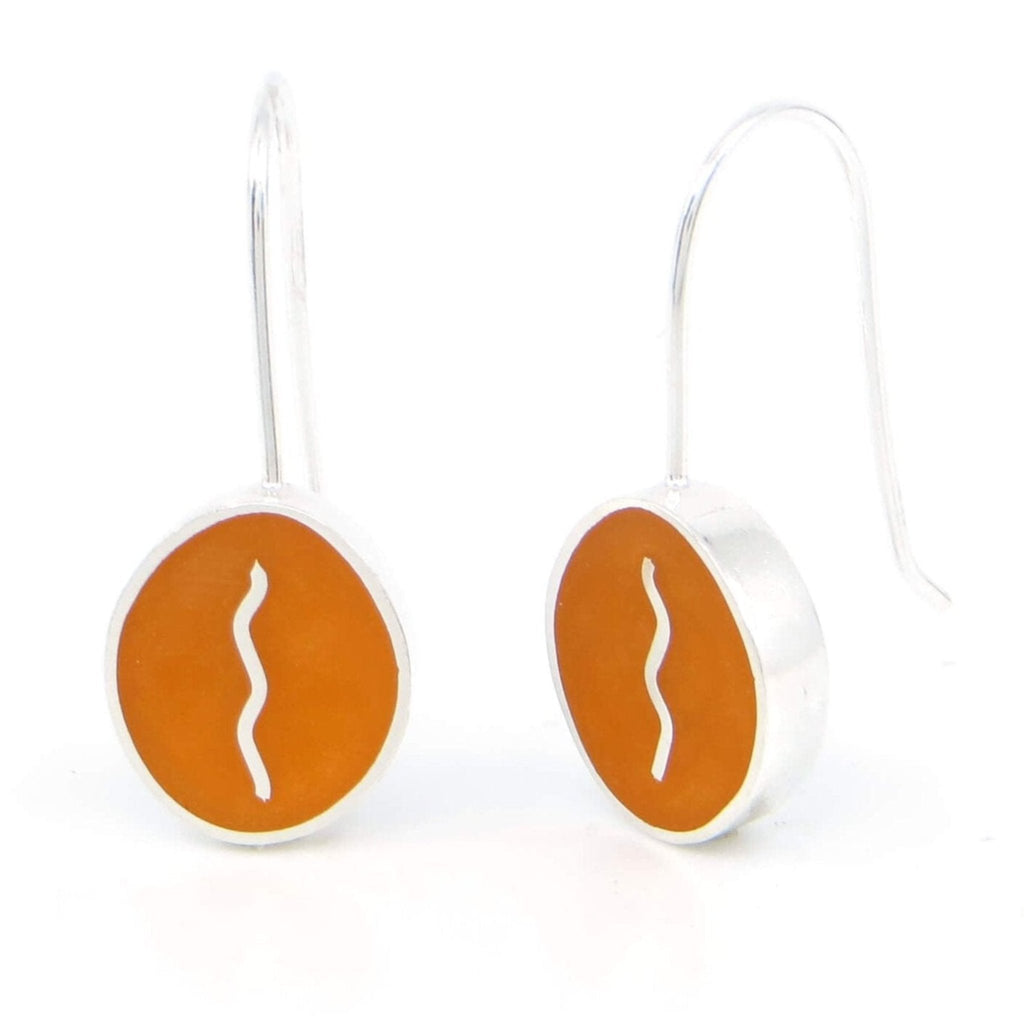 Sterling silver dangle earrings with chunky vertical ovals. Veritical center sterling squiggle in orange resin inlay.