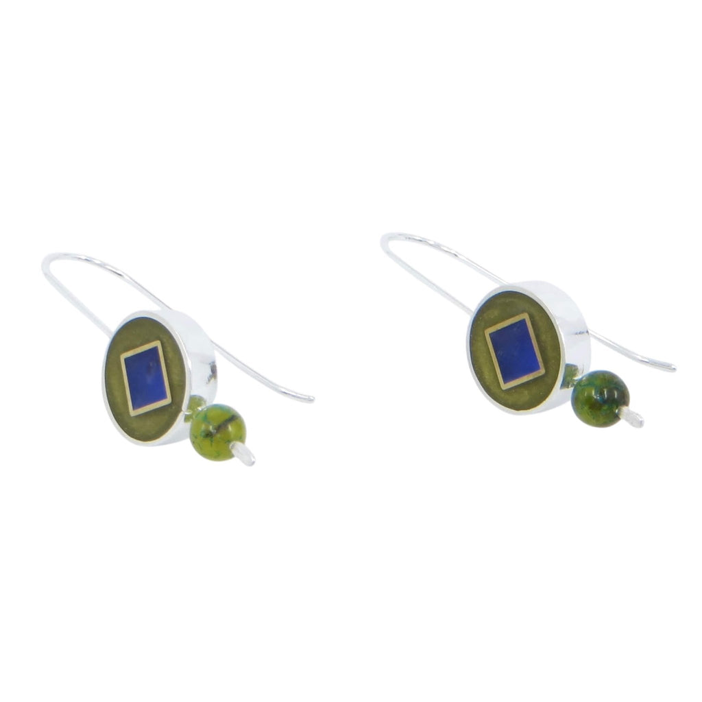 Sterling silver dangle earrings with round pendant drop. Filled with green resin inlay and center blue  resin inlay surrounded by diamond shaped brass outline. Jasper  bead hangs from round drop.