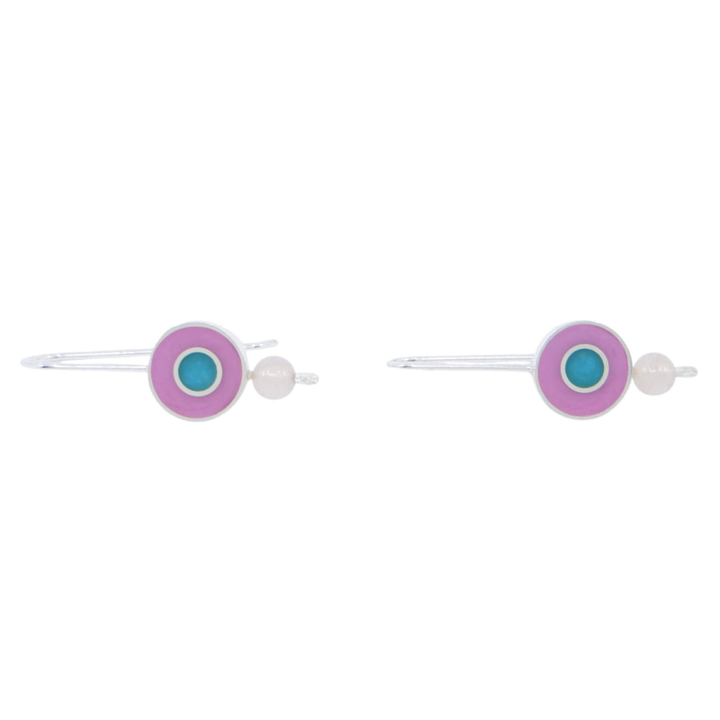 Sterling silver dangle earrings with round pendant drop. Filled with pink resin inlay and center turquoise resin inlay surrounded by silver circle. Rose quartz bead hangs from round drop.