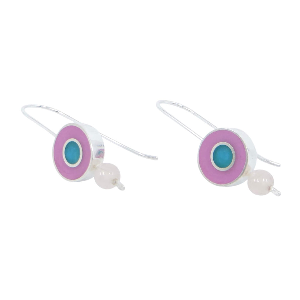 Sterling silver dangle earrings with round pendant drop. Filled with pink resin inlay and center turquoise resin inlay surrounded by silver circle. Rose quartz bead hangs from round drop.