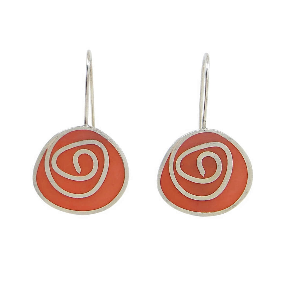 Sterling silver swirls earrings with red-orange "tomato soup" pigmented resin.