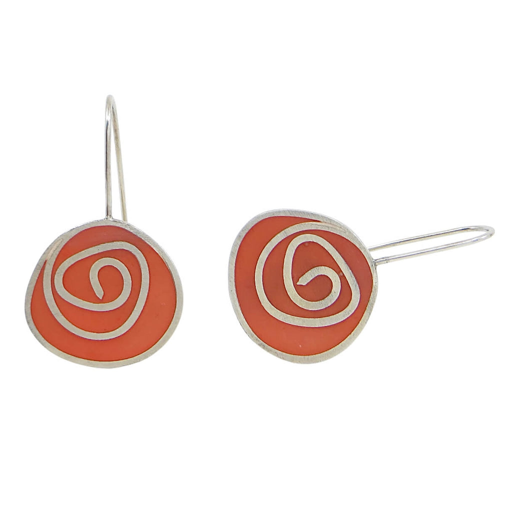 Sterling silver swirls earrings with red-orange "tomato soup" pigmented resin.