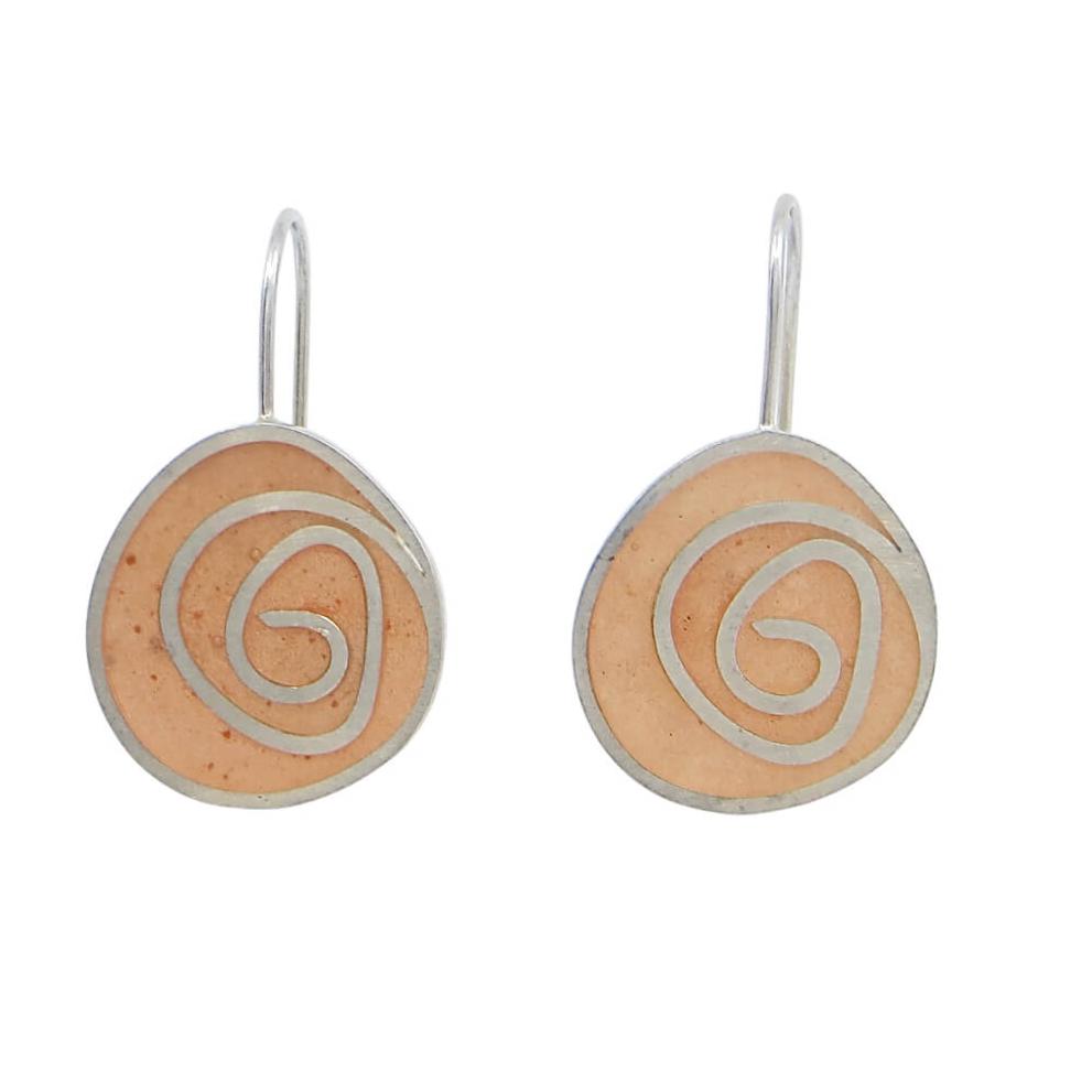 Sterling silver and speckled salmon  pigmented resin inlay swirl earrings.