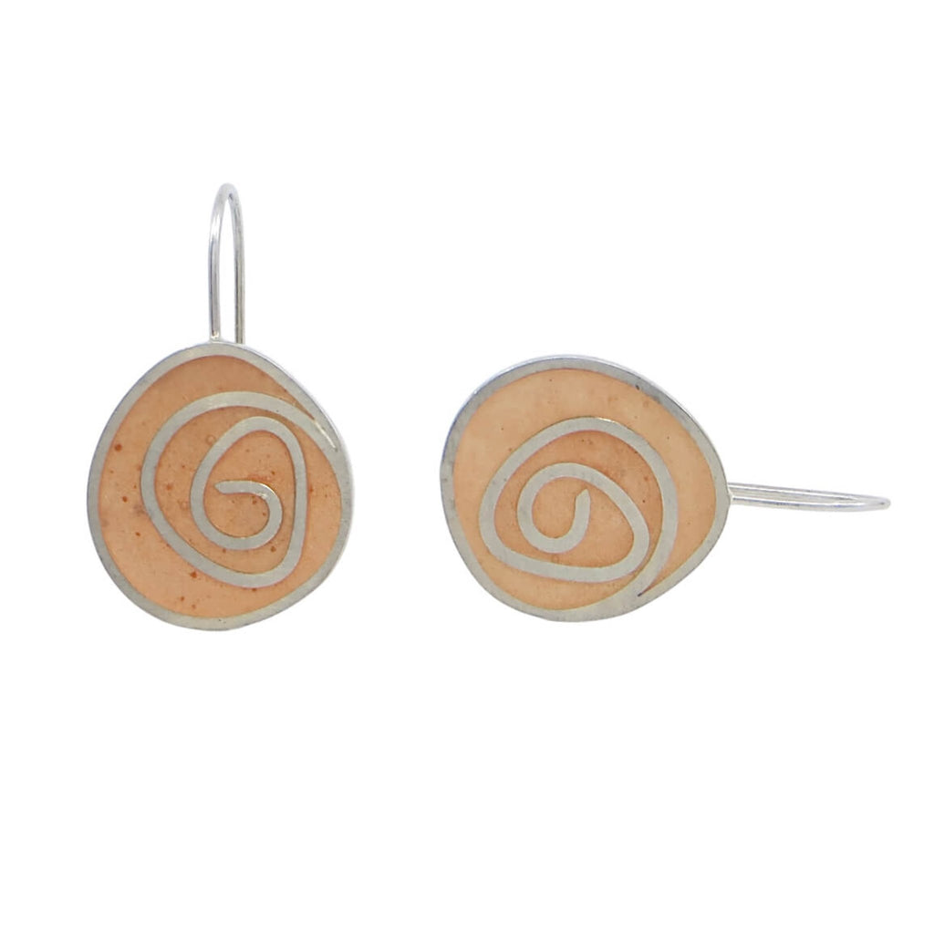 Sterling silver and speckled salmon  pigmented resin inlay swirl earrings.