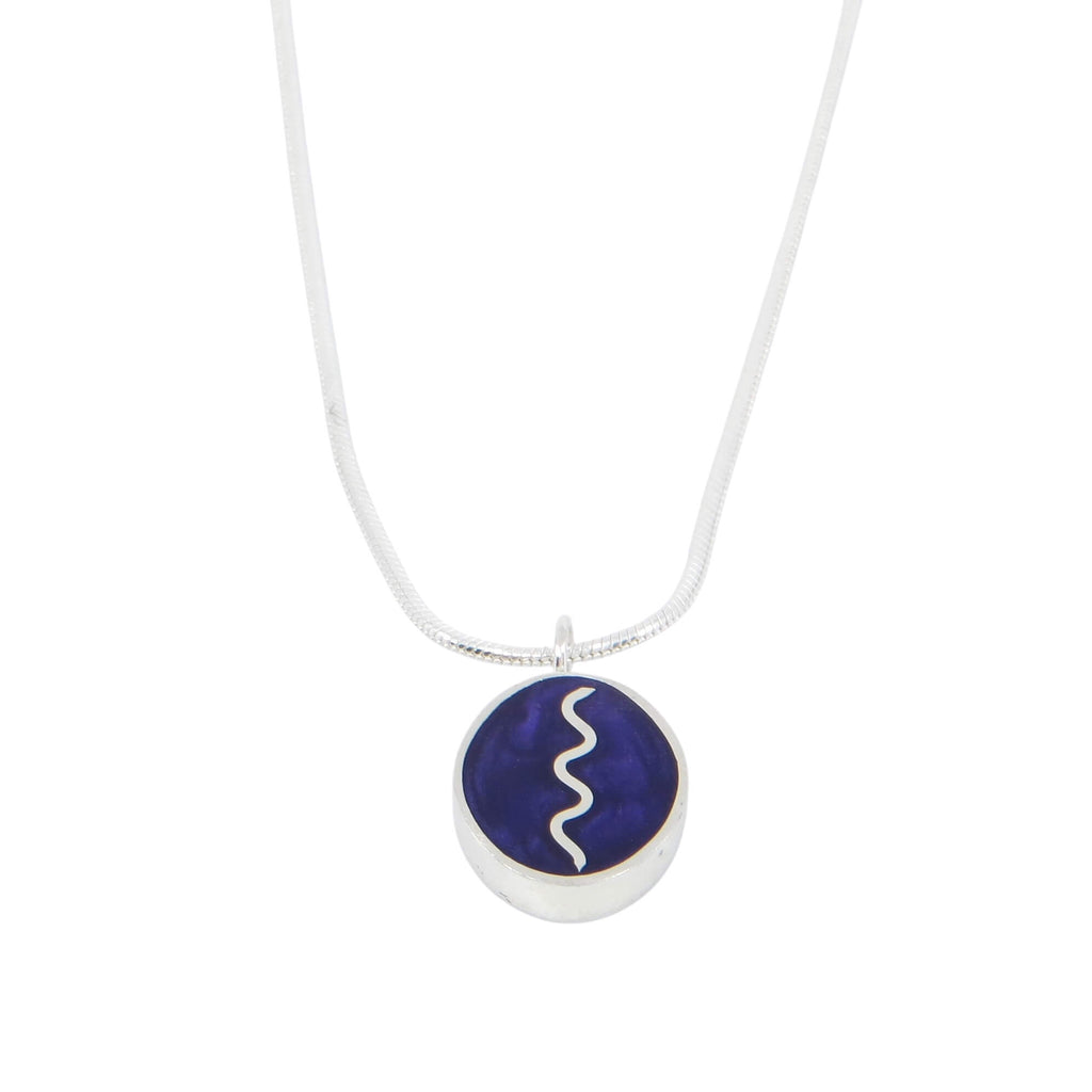 Sterling silver chunky oval pendant. Iridescent dark purple resin inlay with vertical silver squiggle. 16" sterling snake chain.
