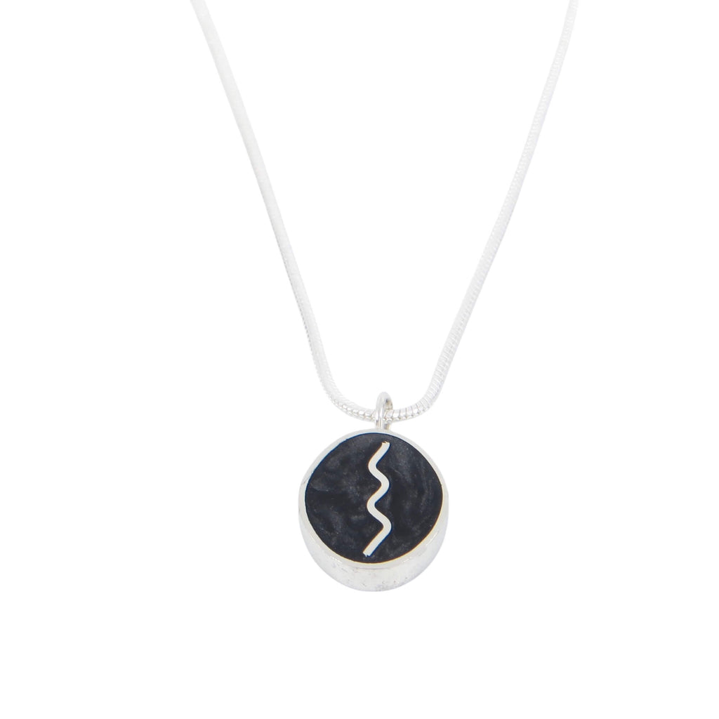 Sterling silver chunky oval pendant. Iridescent dark grey/black resin inlay with vertical silver squiggle. 16" sterling snake chain.