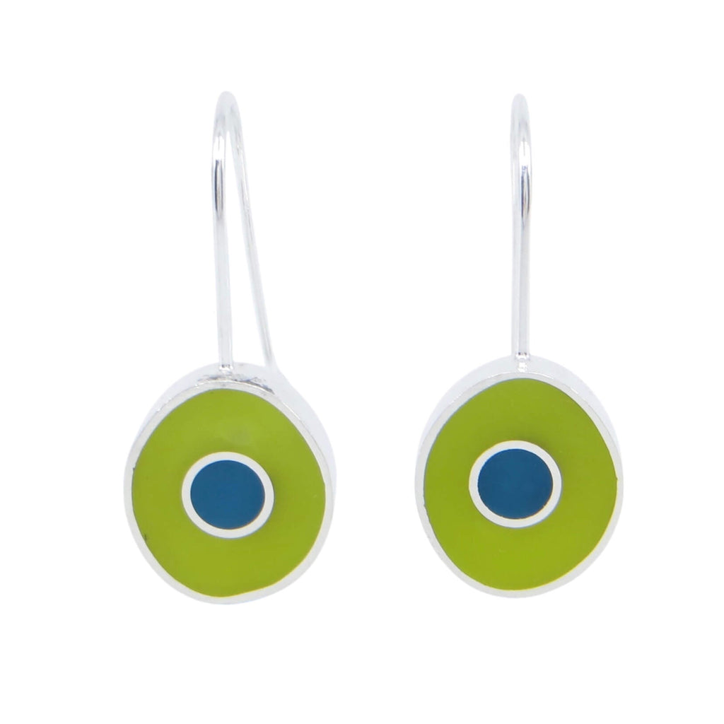 Sterling silver chunky oval dangle earrings. Apple green  resin inlay with a center sterling dot filled with pink dark turquoise resin inlay. Color pops!