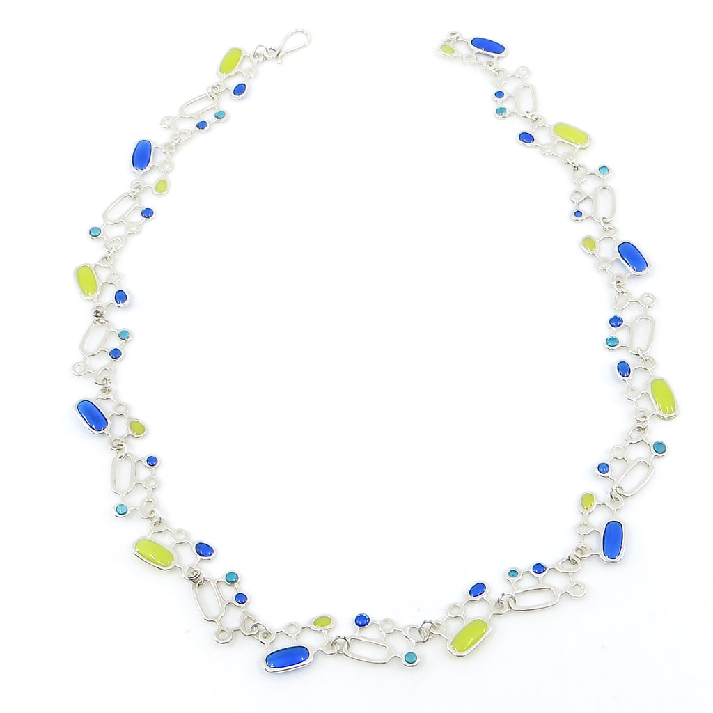 Organic Geometrics Necklace Chain. Vivid earth colors. Bright blue. Apple Green. Aqua. Sterling Silver. Slinky. Kinetic. 18"