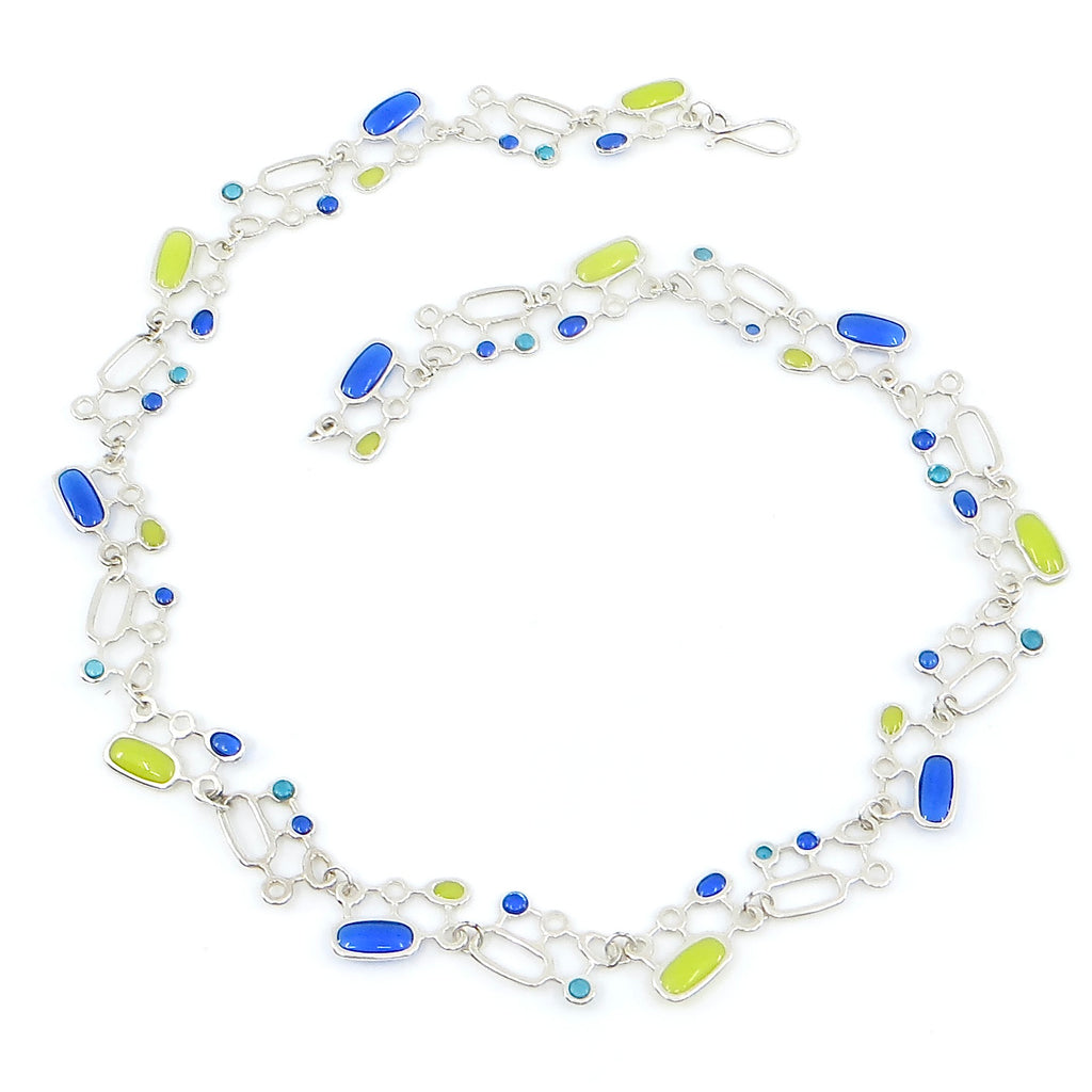 Organic Geometrics Necklace Chain. Vivid earth colors. Bright blue. Apple Green. Aqua. Sterling Silver. Slinky. Kinetic. 18"