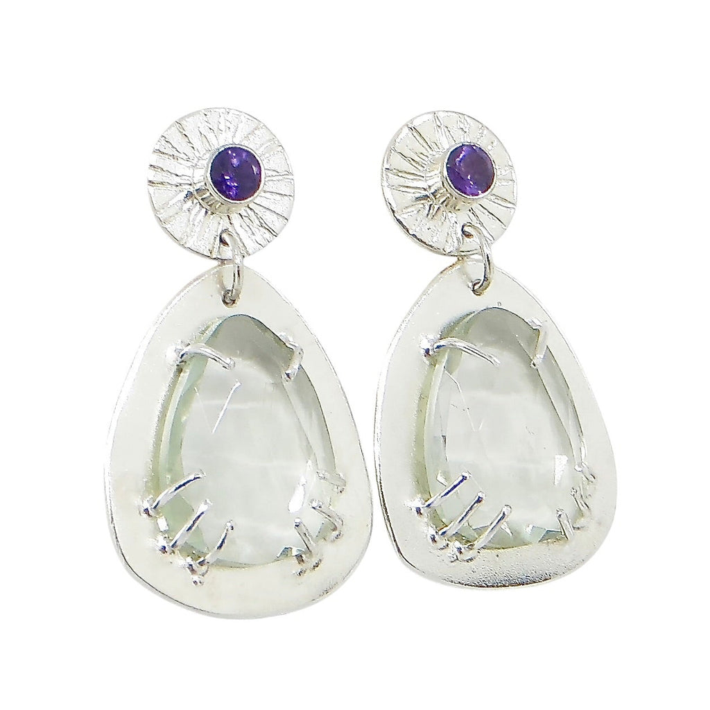 Tear-drop top faceted clear light green prasiolite gems dangle from purple amethyst top components in fine contemporary earrings.