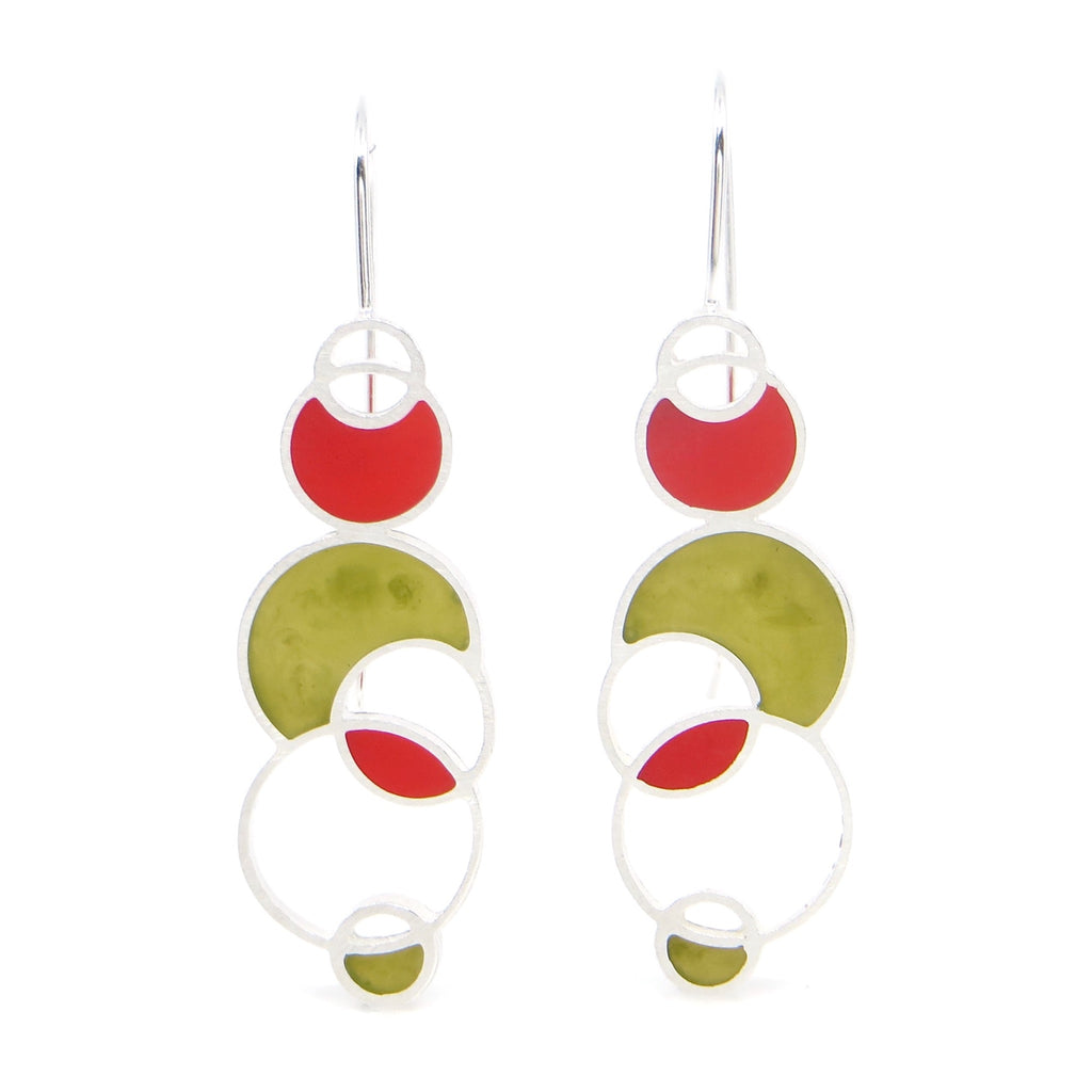 Sterling silver and pigmented resin inlay open circles earrings. Olive green. Red. Open Air.  Contemporary.