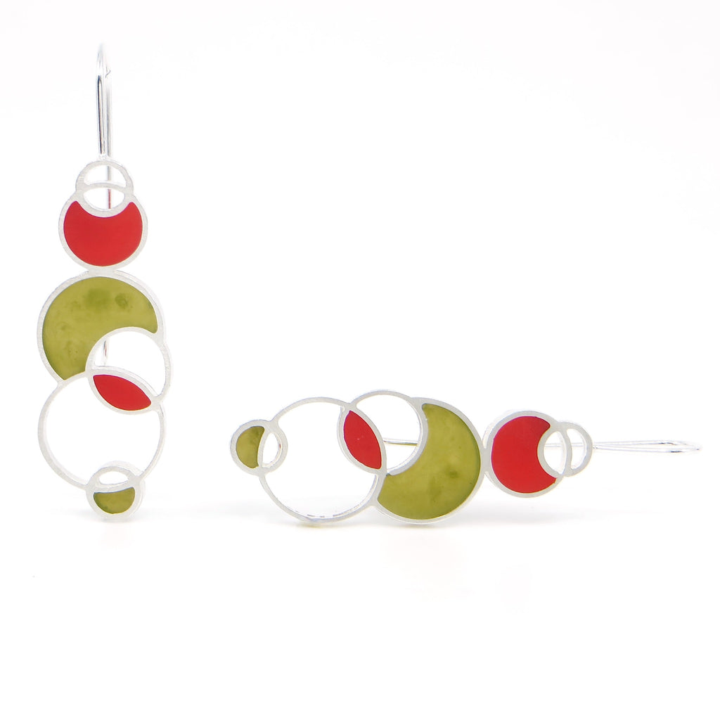 Sterling silver and pigmented resin inlay open circles earrings. Olive green. Red. Open Air. Contemporary.