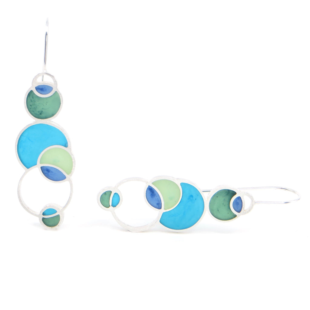 Sterling silver and pigmented resin inlay open circles earrings. Blue, turquoise, teal, seafoam green. Contemporary.