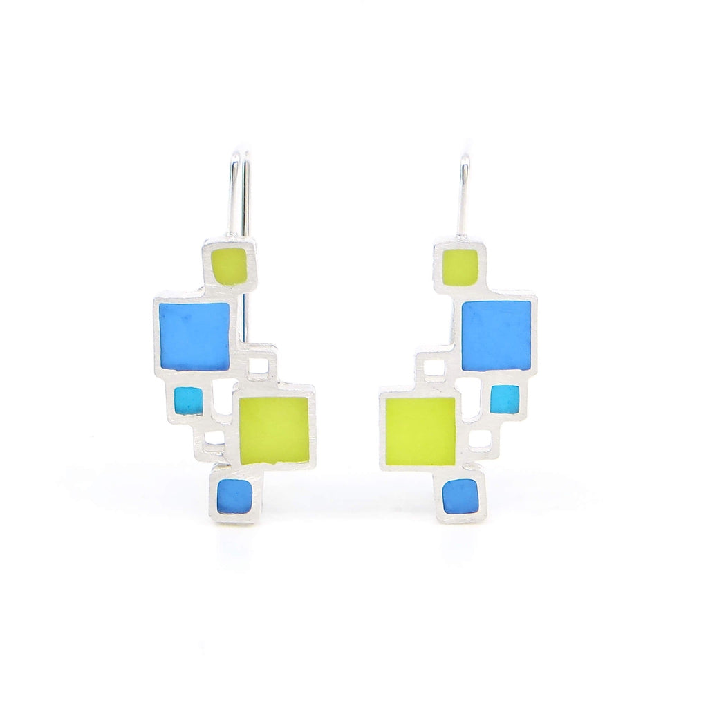 Sterling open squares earrings with square hooked earlier have pigmented resin inlay in some squares. Apple green, blue, and turquoise. Bright color pops!  Mondrian-like.