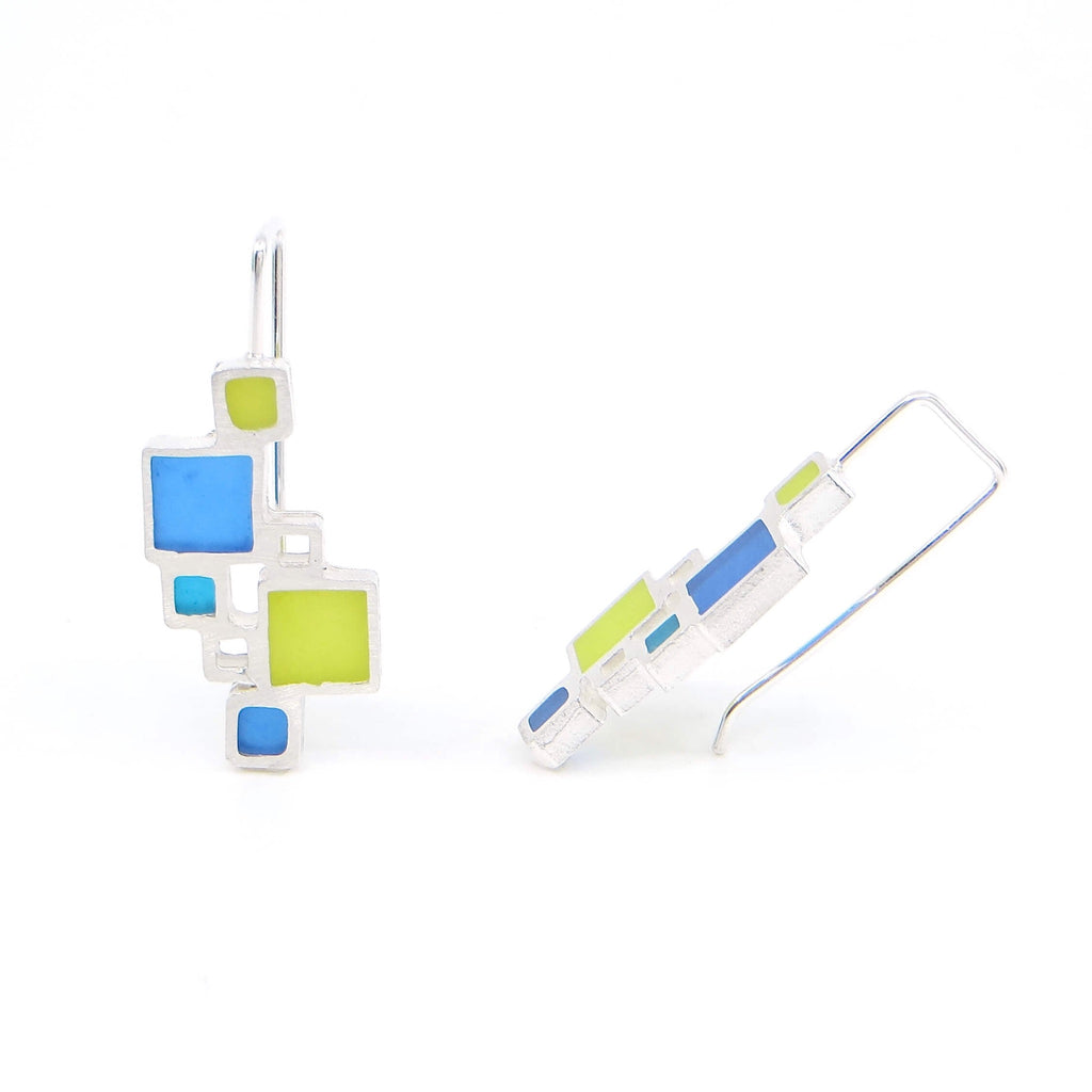 Sterling open squares earrings with square hooked earlier have pigmented resin inlay in some squares. Apple green, blue, and turquoise. Bright color pops! Mondrian-like.
