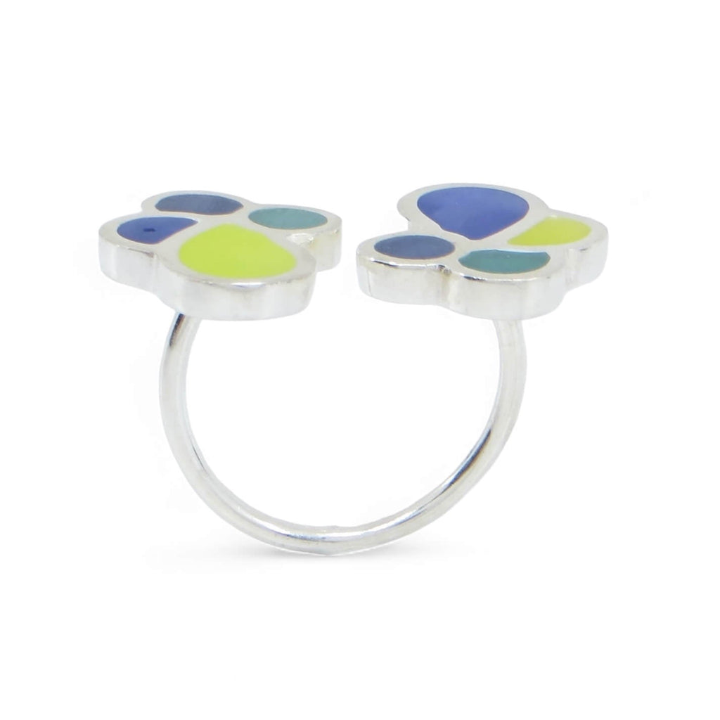 Sterling silver open top ring. Flower component opposites on both sides of ring. Bright blue, dark blue, apple green, teal. Fits US Sizes 6-7