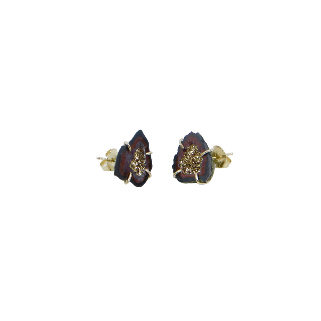 Mini split geode stud earrings. Black, grey, and red outlines to 18k gold coated interior crystals. 14k cage prong settings with 14k posts and ear nuts.