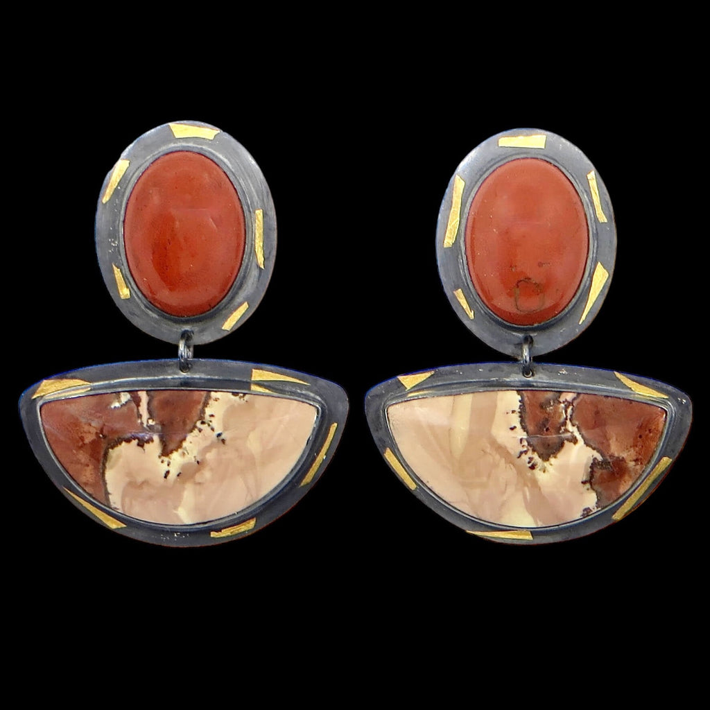 2 type of jasper earrings. Vertical oval red jasper top component. 1/2 curved circle Willow Creek jasper bottom component. Set on oxicezed sterling bezel settings with 24k keum boo gold accents. Statement edgy elegant earrings! 1.6" long.