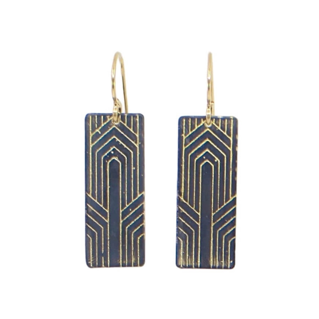 Etched deco rectangle earring dangle. Oxidized silver with 18k gold in recessed pattern. Black and gold earrings.