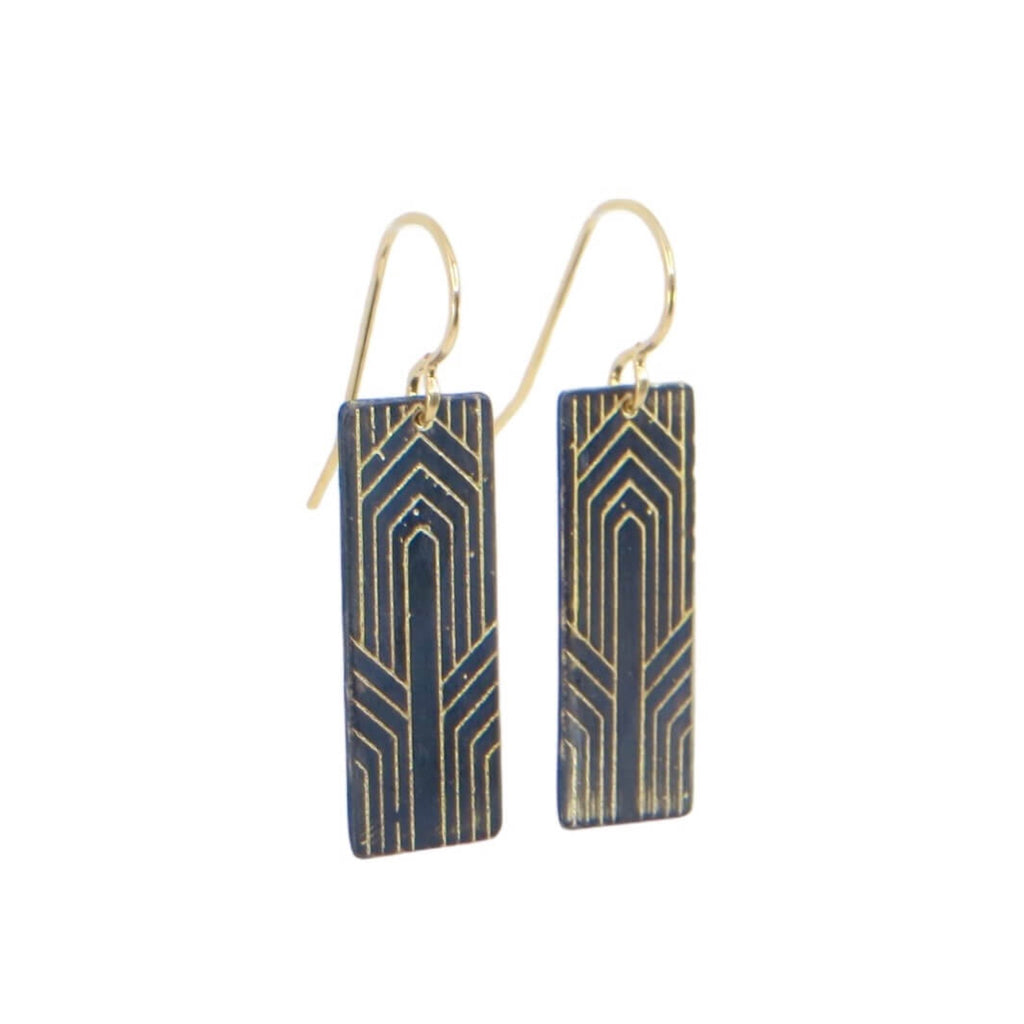 Etched deco rectangle earring dangle. Oxidized silver with 18k gold in recessed pattern. Black and gold earrings.