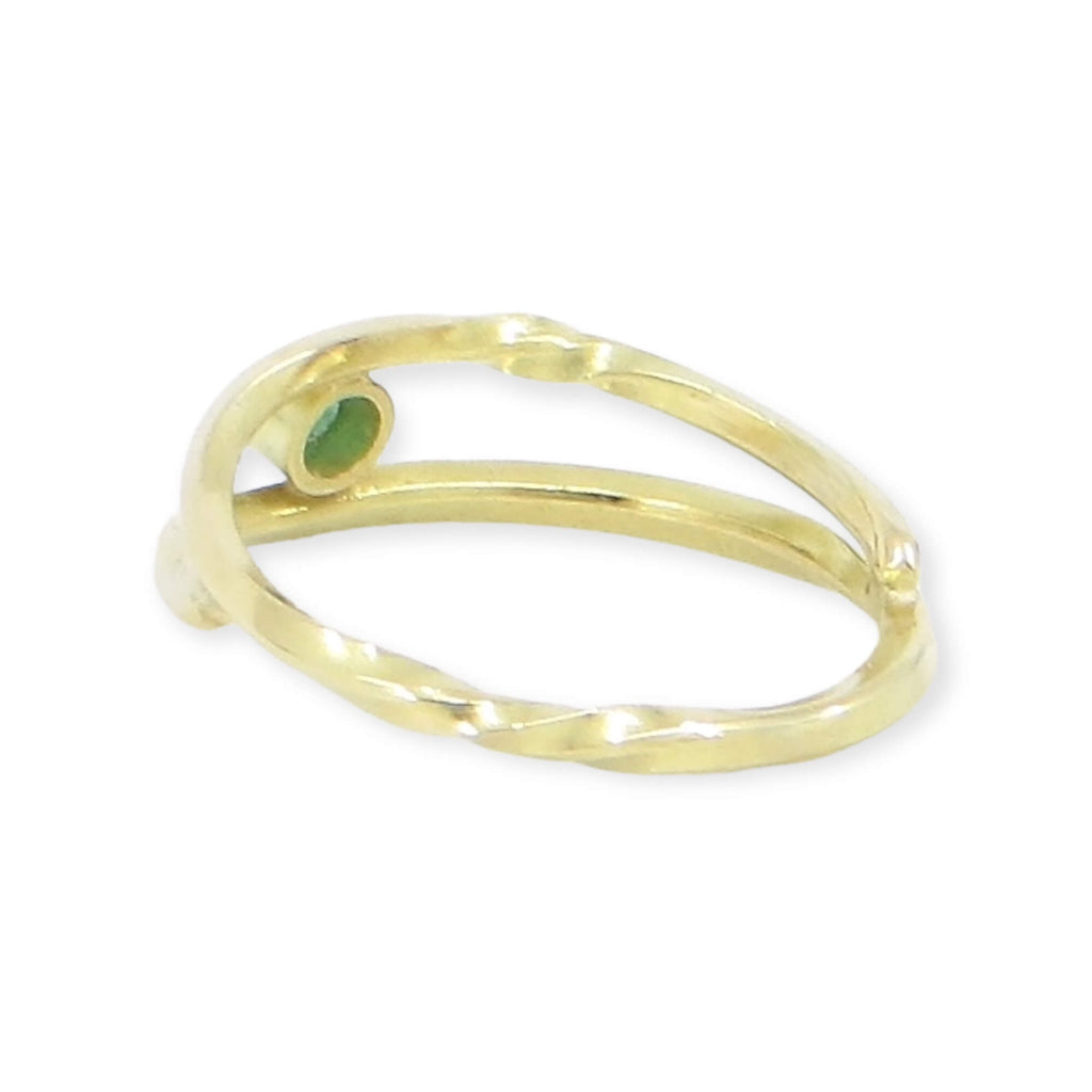 18k yellow gold and emerald ring. Tube set 2.65mm round faceted emerald. Twisted and curvy square gold wire. Mobius-ish. US size 5.5