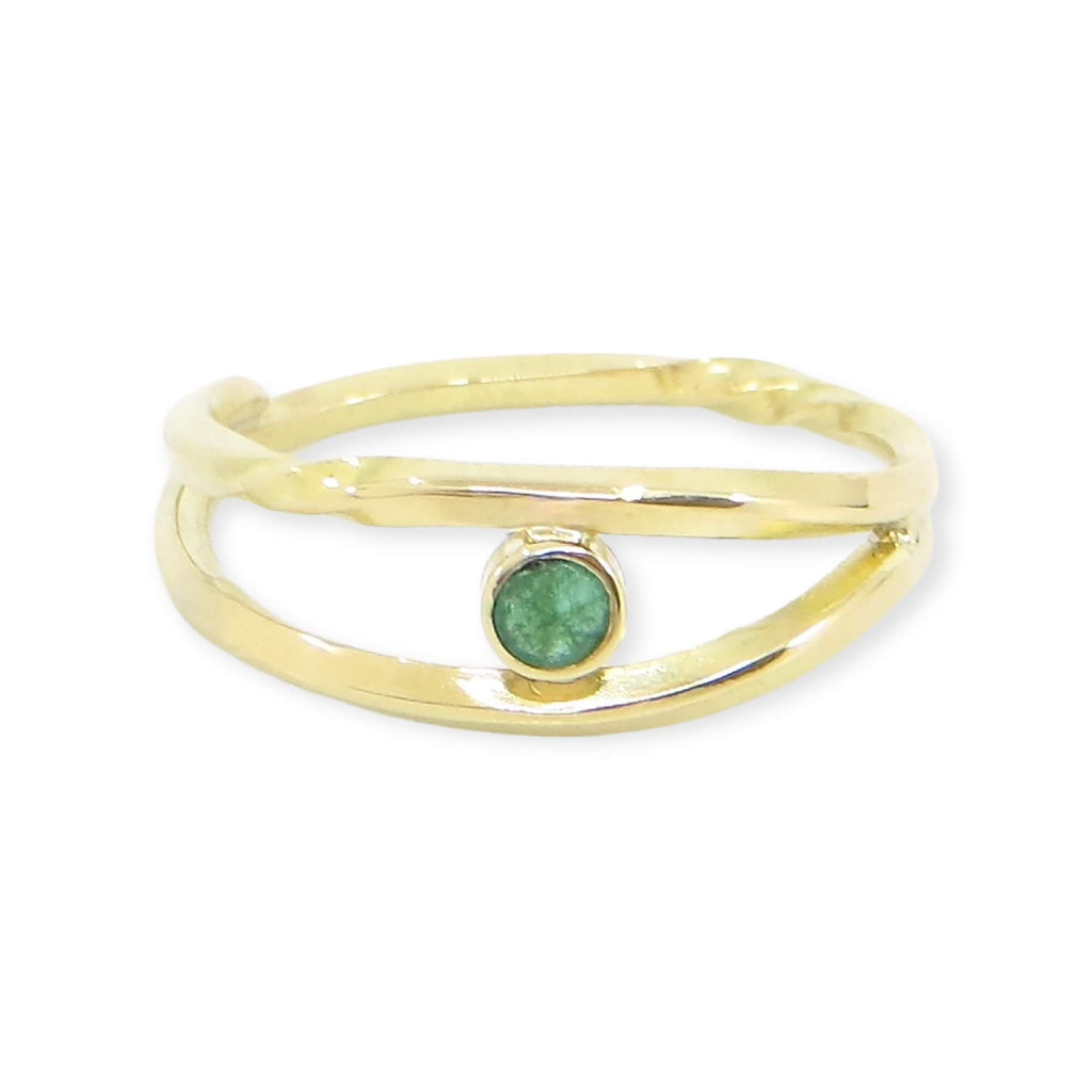 18k yellow gold and emerald ring. Tube set 2.65mm round faceted emerald. Twisted and curvy square gold wire. Mobius-ish. US size 5.5