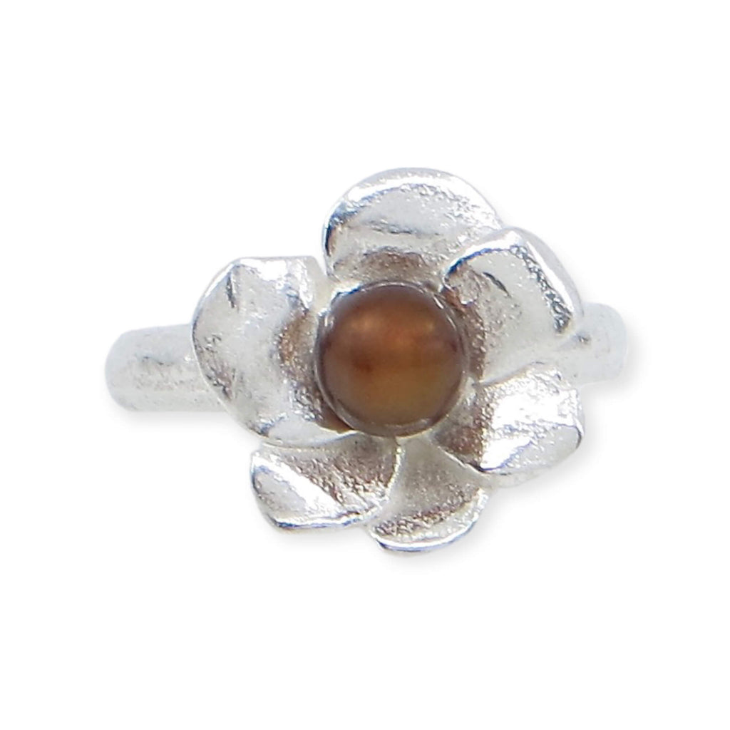 Curved sterling petals surround a chocolate pearl on this contemporary sterling silver ring. US size 5.75