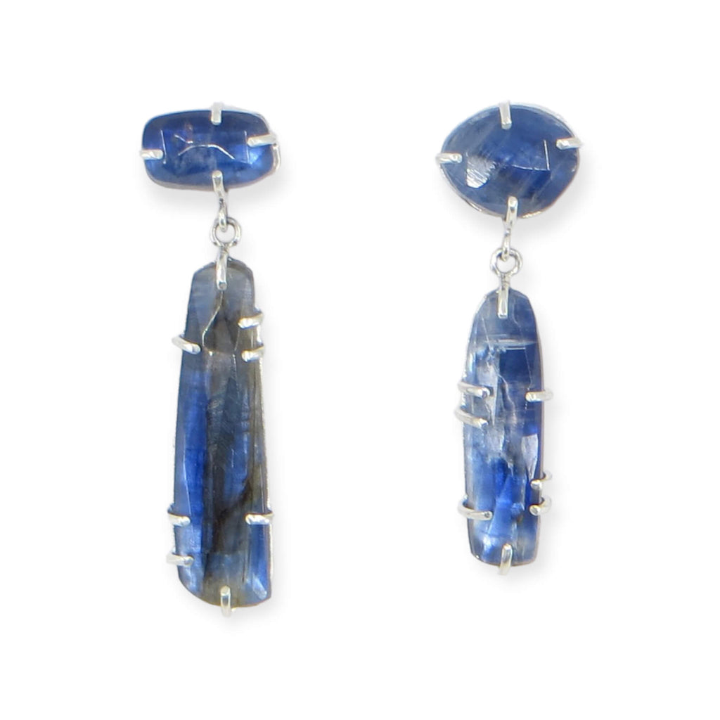 Rose cut kyanite drop earrings. Top stone on each a bit different size. Same for bottom drop. Unique single and double prongs on bottom stone that dangles from top stones with posts. Beautiful blue with variegation.