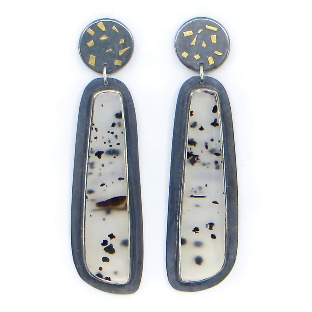 Long Montana Agate post earrings. 24k gold keumboo top discs suspending bezel set stones. Sterling and fine silver settings.Swinging stone drops Black patina.
