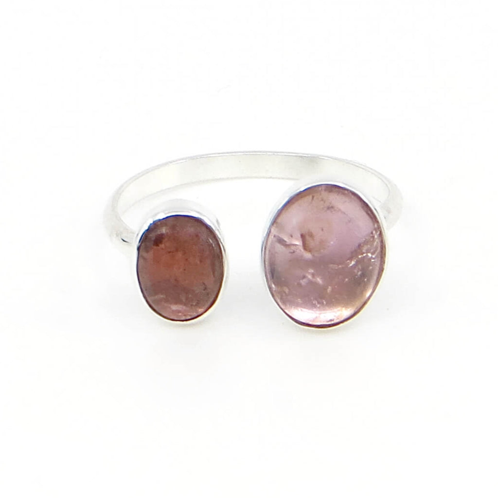 Open top 2 pink tourmaline ring. Transparent dark pink and light pink cabochons in silver. Size 8. Also fits sizes 7.5 and 9.