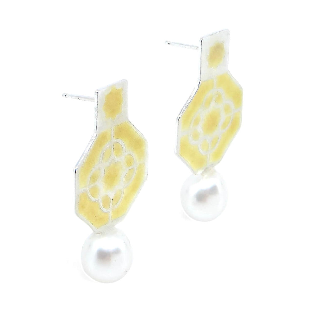 18k gold, sterling silver, and lustrous white pearl earrings. Etched geometric pattern on octagons with square top and etched 8 point star. Gold on high points of etched earrings. Contemporary elegance.