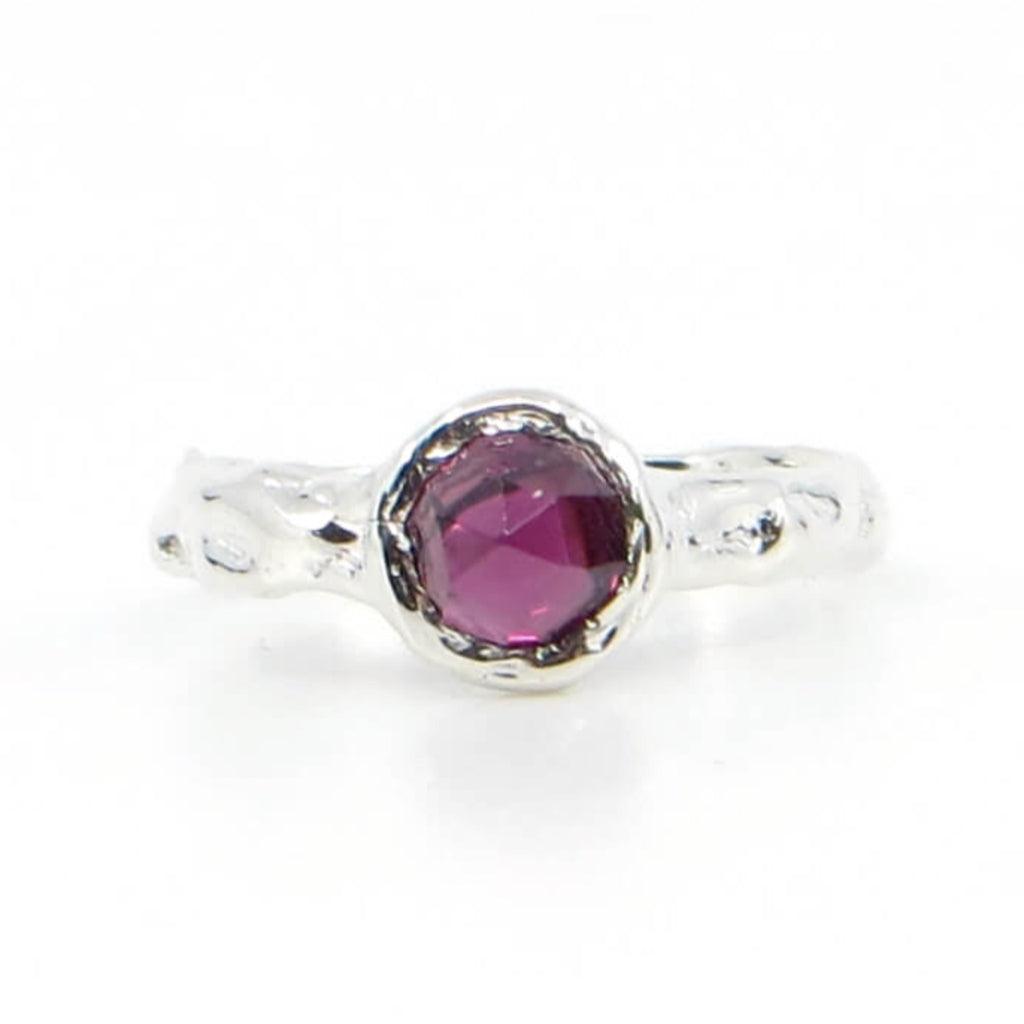 Rose cut rhodolite garnet ring. Organic soft patterned sterling silver band and setting. US Size 6.75