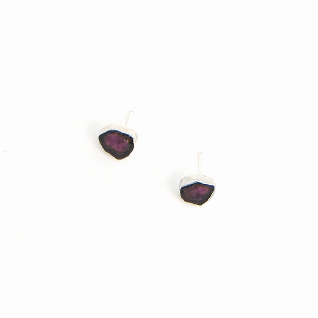 Tiny watermelon tourmaline earring studs set in fine and sterling silver. Shield shape. 8mm.