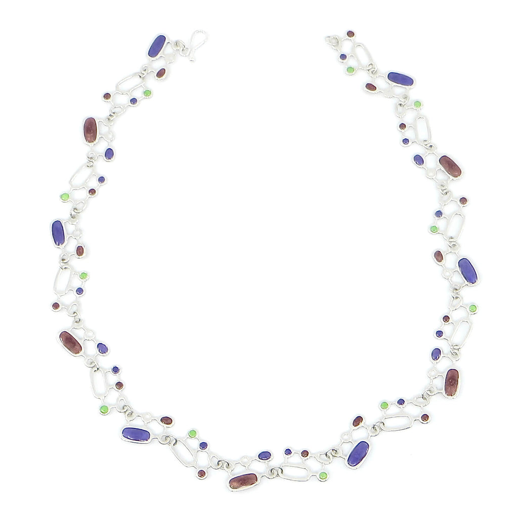 Organic Geometrics Necklace Chain. Grape Colors. Purple grape. Dark red pink grape. Green grape Sterling Silver. Slinky. Kinetic. 18"