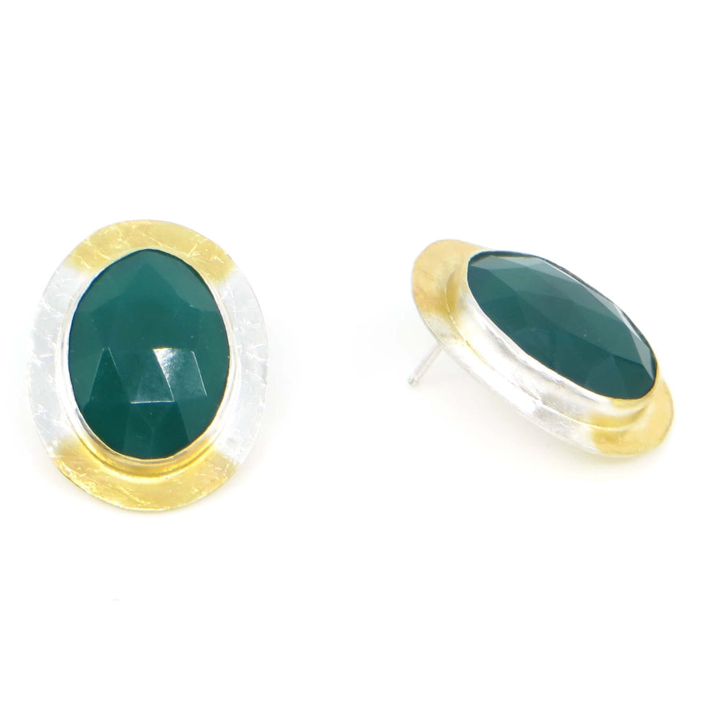 Oval rose cut green onyx post earrings.  Textured sterling oval backs a bit wider than the stones are embellished on top and bottom with 18k gold.  A bit of gold embellishes the textured earrings backs. About 1" long by .75" wide.