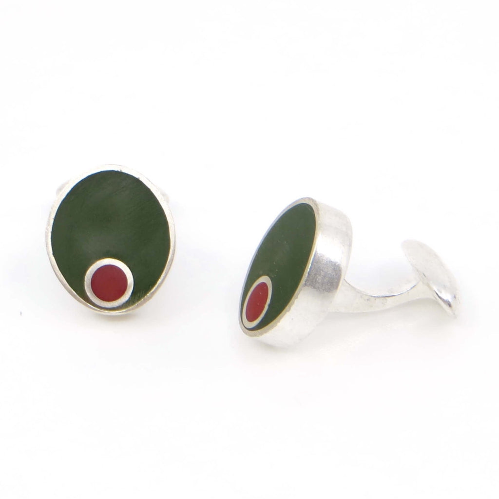 Olive cufflinks.  Sterling silver and pigmented resin inlay olive cufflinks.