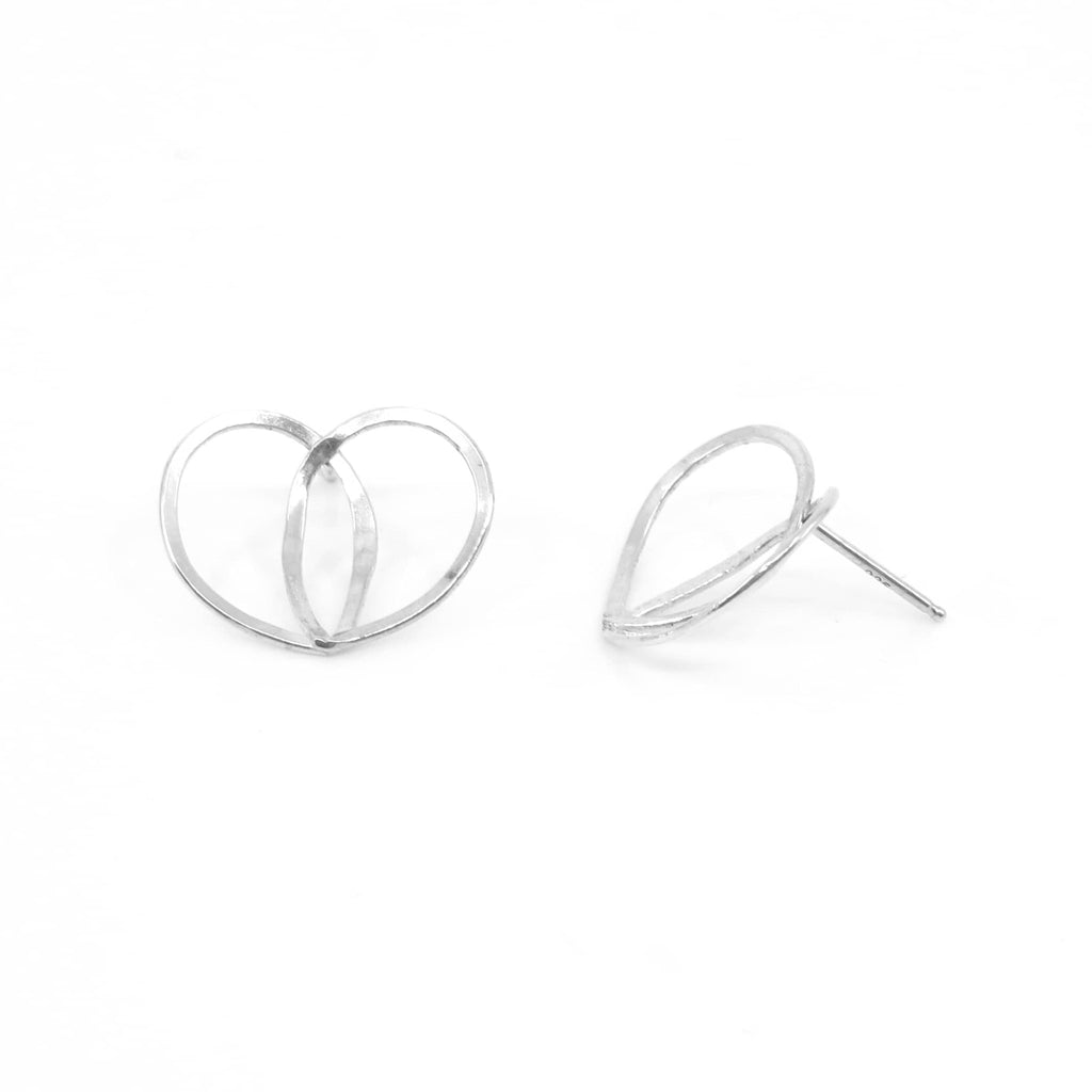 Contemporary open heart post earrings.  Flattened argentine silver wire formed into curved hearts.
